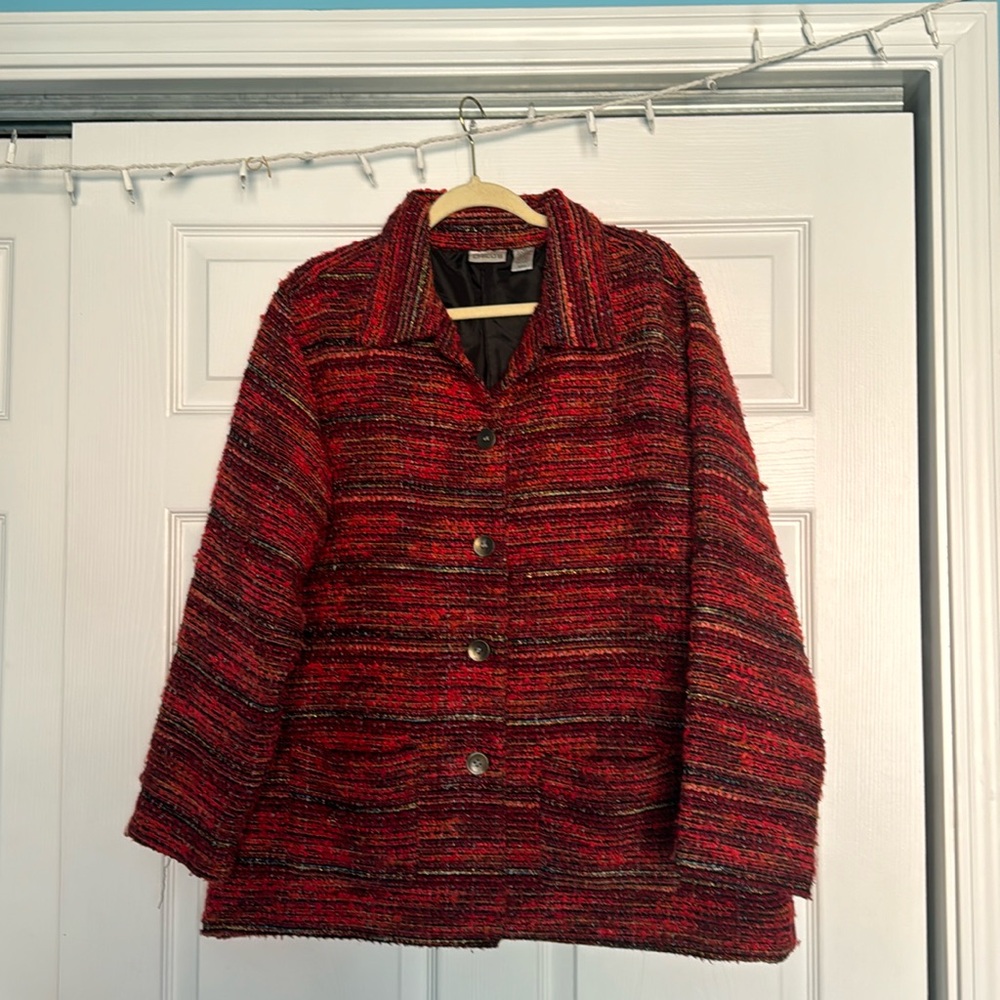 Chico’s Classic Red Tweed Jacket Button Down Blazer